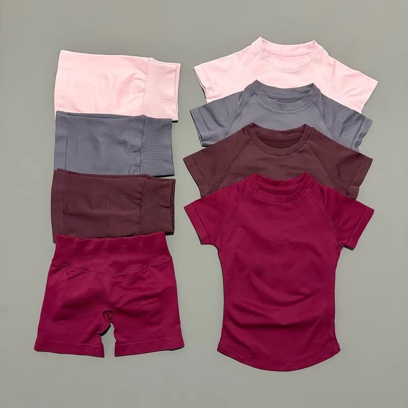 2 stuks HISTELLO sportsets naadloze yoga-top met korte mouwen, fitnessset, dames workout, hardloopsportshorts, gympak