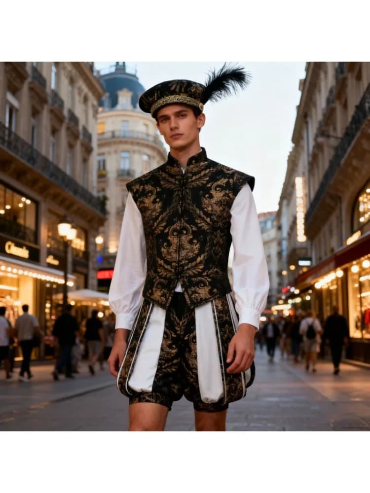 2026 Middeleeuwse Renaissance Koning/Prins Goud Reliëf Herenpakken, Premium Jacquard Hof Rits Mouwloos Jasje + Pompoen Shorts