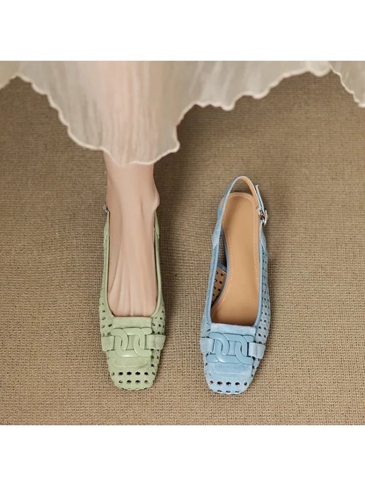 Echt leer 2 cm lage hak damessandalen holle schapenvacht slingback slip-on sandalen elegante dames zomer casual schoenen