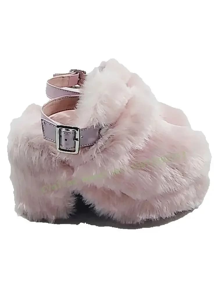 Plus Size 2024 Winter Casual Slippers Geel Harig Bont Rugband Platform Pompen Ronde Neus Dikke Zool Ondiepe Riem Gesp Effen