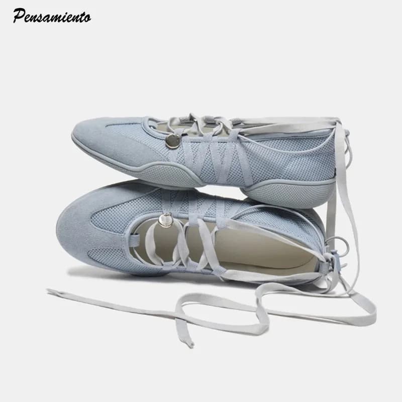Ins stijl Mode Air Mesh Cross-gebonden Dames Ballet Sneakers Comfortabele Zachte Zool Sport Loafers Casual Flats Schoenen