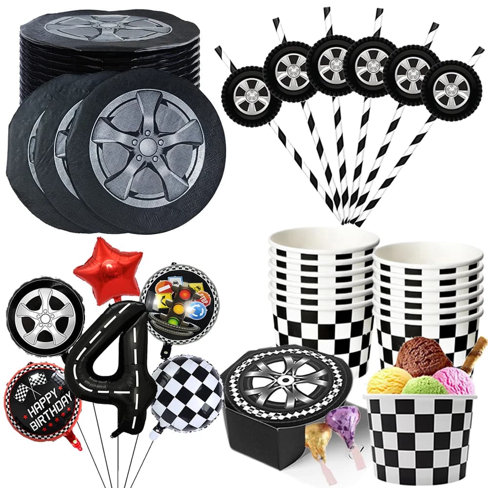 Raceauto feestbenodigdheden Raceauto papieren snackbakjes Drinkrietjes Servetten jongens Raceauto verjaardagsfeest decoratie benodigdheden