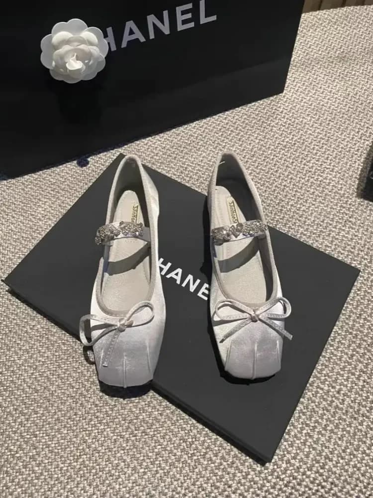 Platte schoenen met vierkante neus voor dames Strass Lente Herfst 2025, nieuwe balletschoenen Mary Jane schoenen voor dames, groot formaat 42 43 44