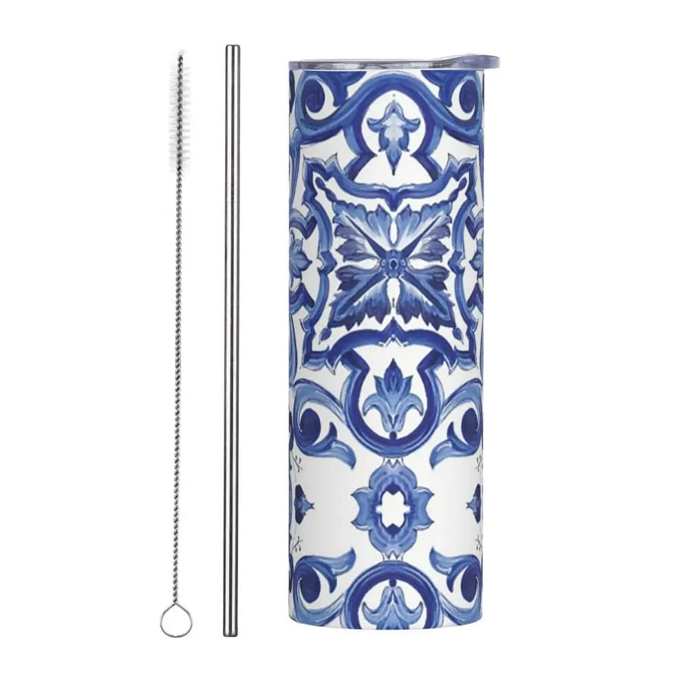 Blauwe Sierlijke Bloemen Mediterrane Siciliaanse Tegel Rvs Tumbler Vacuüm Geïsoleerde Mok Thermische Koude Fles Stro Deksel 20oz