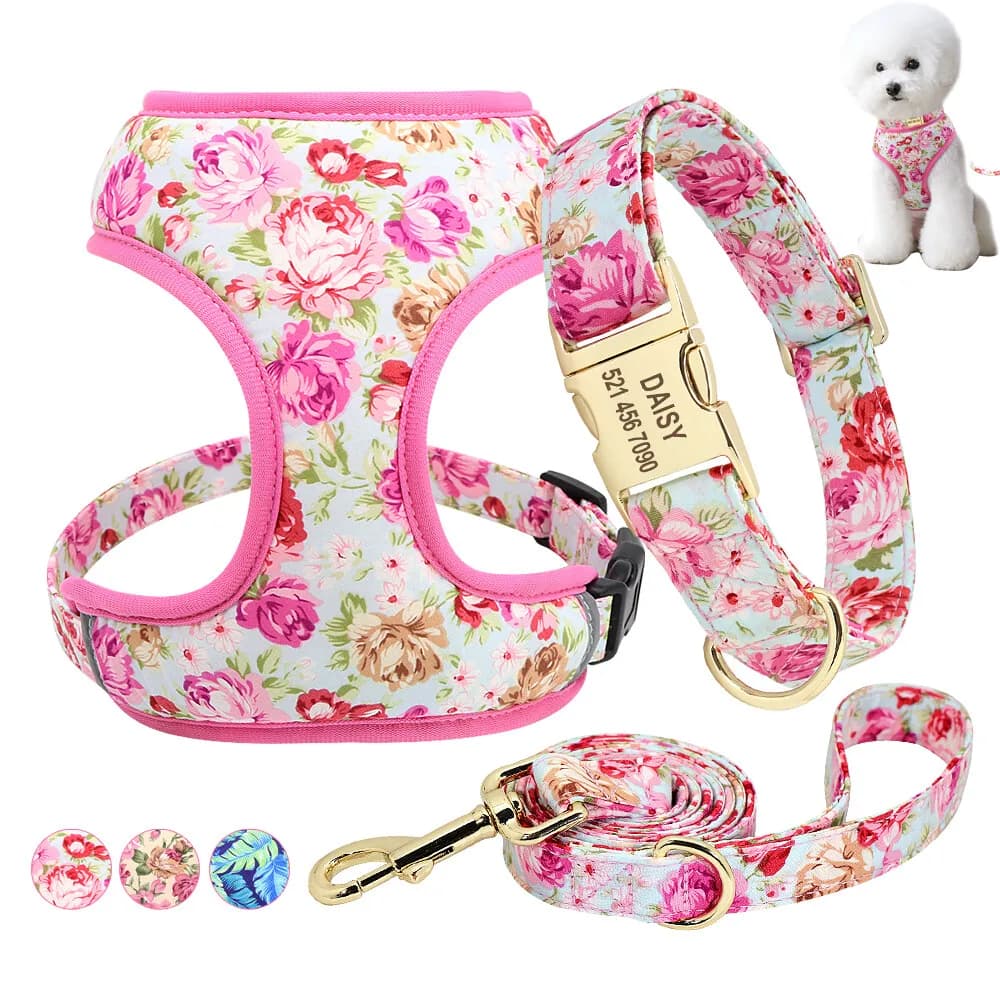 Nylon bedrukte halsband harnas riem mesh puppy kat vest gepersonaliseerde halsbanden voor huisdieren anti-verloren voor kleine middelgrote honden