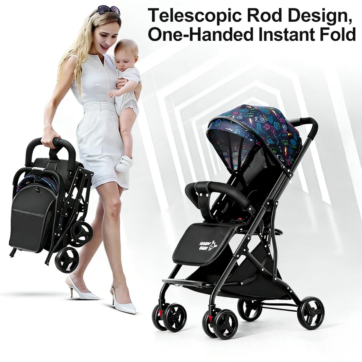 Compacte reisbuggy, eenvoudig met één hand te vouwen, lichtgewicht, uittrekbaar zonnedak, verstelbare rugleuning, 4-wielvering, zwart