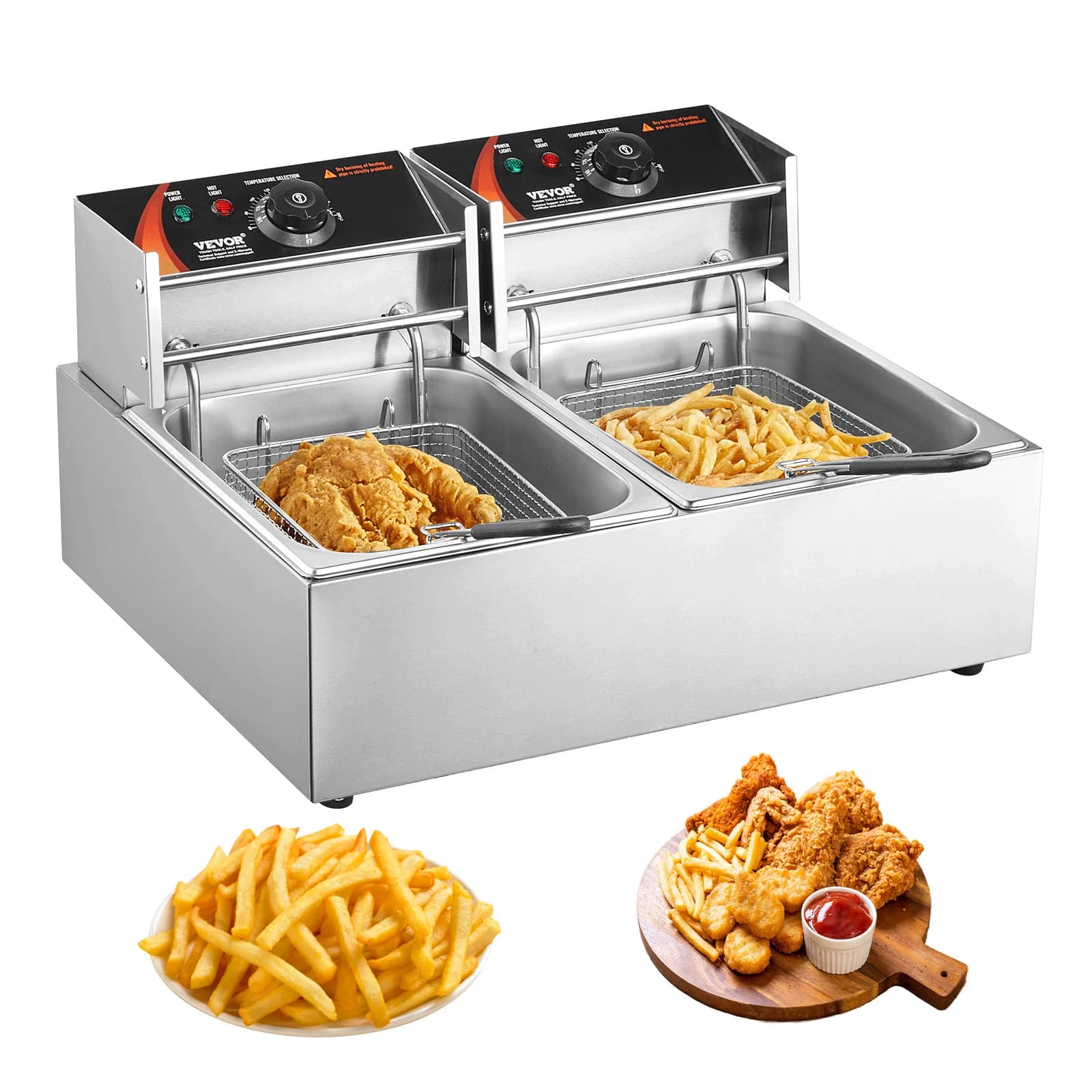 SucceBuy 12L commerciële elektrische friteuse met dubbele tanks 3000W roestvrijstalen aanrechtfriteuse voor gebakken kip frietjes