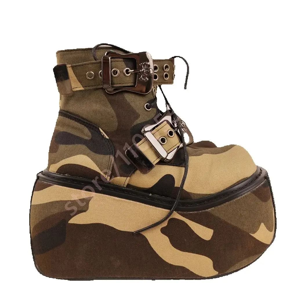 Tankriemgesp Camouflage korte laarzen 2025, nieuwe ronde Street Style veterschoenen met sleehak, modefeest, casual podiumlaarzen