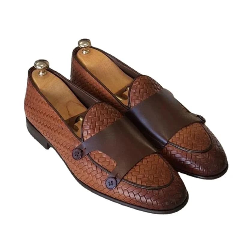 Loafers Mannen Schoenen Pu Leer Zwart Bruin Classic Casual Bruiloft Dagelijks Geweven Patroon Dubbele Button Fashion Dress Schoenen
