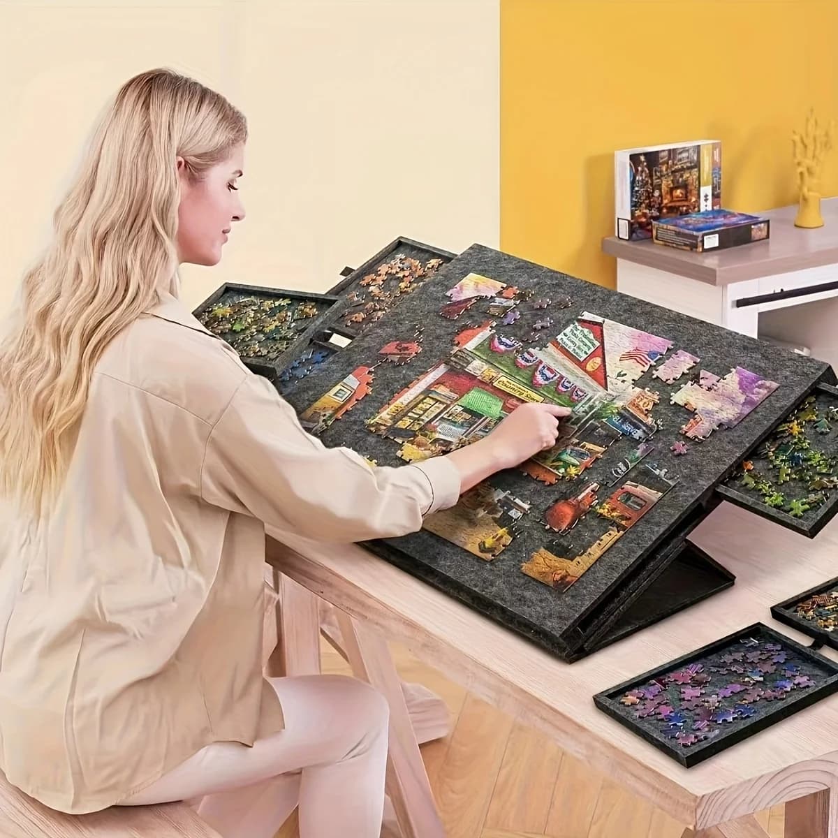 Kerst 6-in-1 draagbare puzzeltafel/met standaard en deksel/vilt puzzelbord/puzzeltafel met zes laden die 1500 stuks bevatten