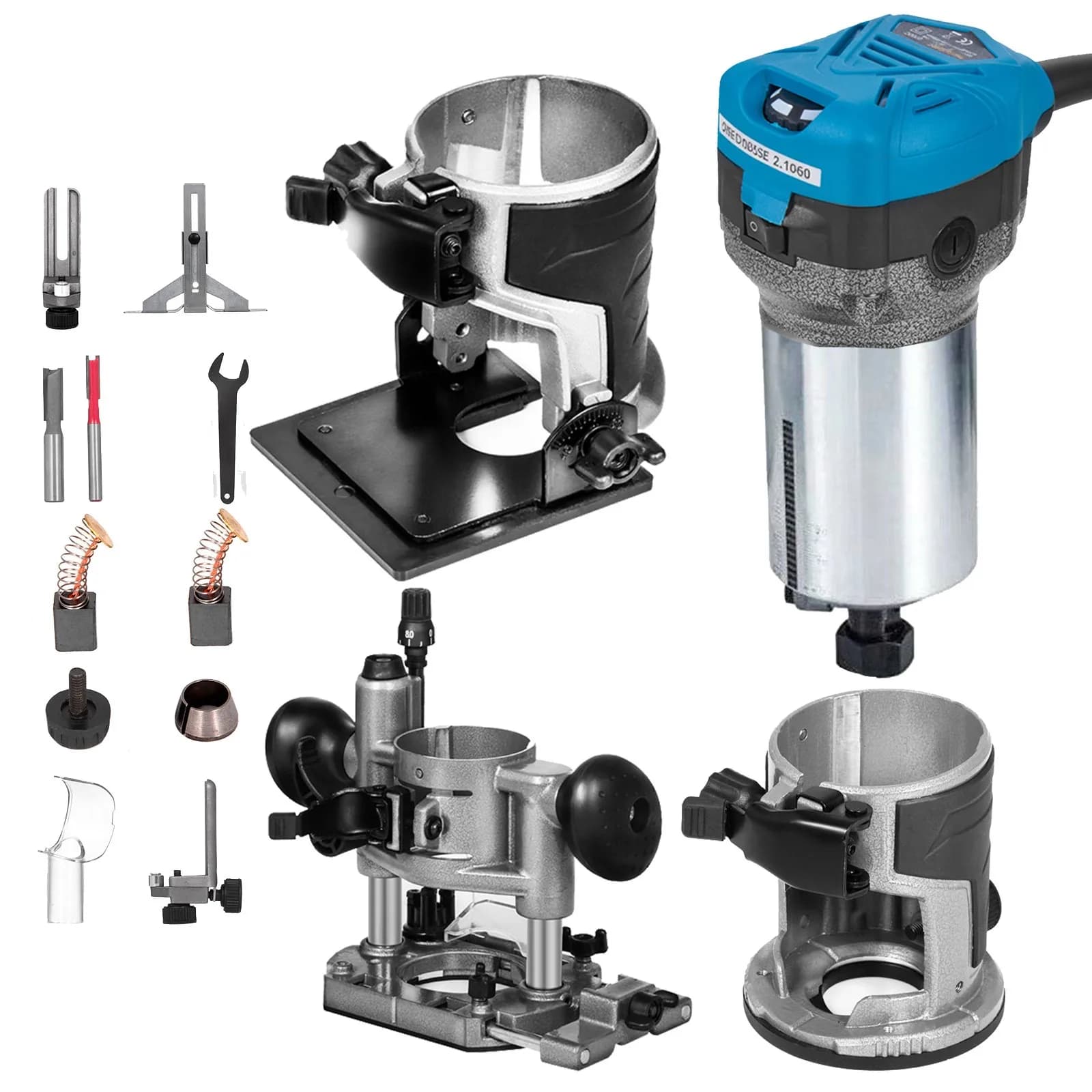 SucceBuy 800W Soft Start Compact Router Kit Variabele snelheid 10000-30000 Rpm met vaste basis, duikbasis, kantelbasis en aanoffsbasis