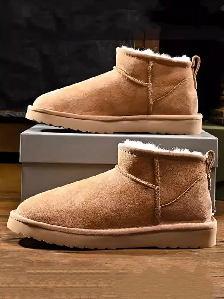 KZZO Dames Ultra Mini Schapenvacht Snowboots 2025, Australië Leer Natuurlijke Wol Bont Gevoerd Mode Enkel Winter Warme Schoenen Kastanjebruin