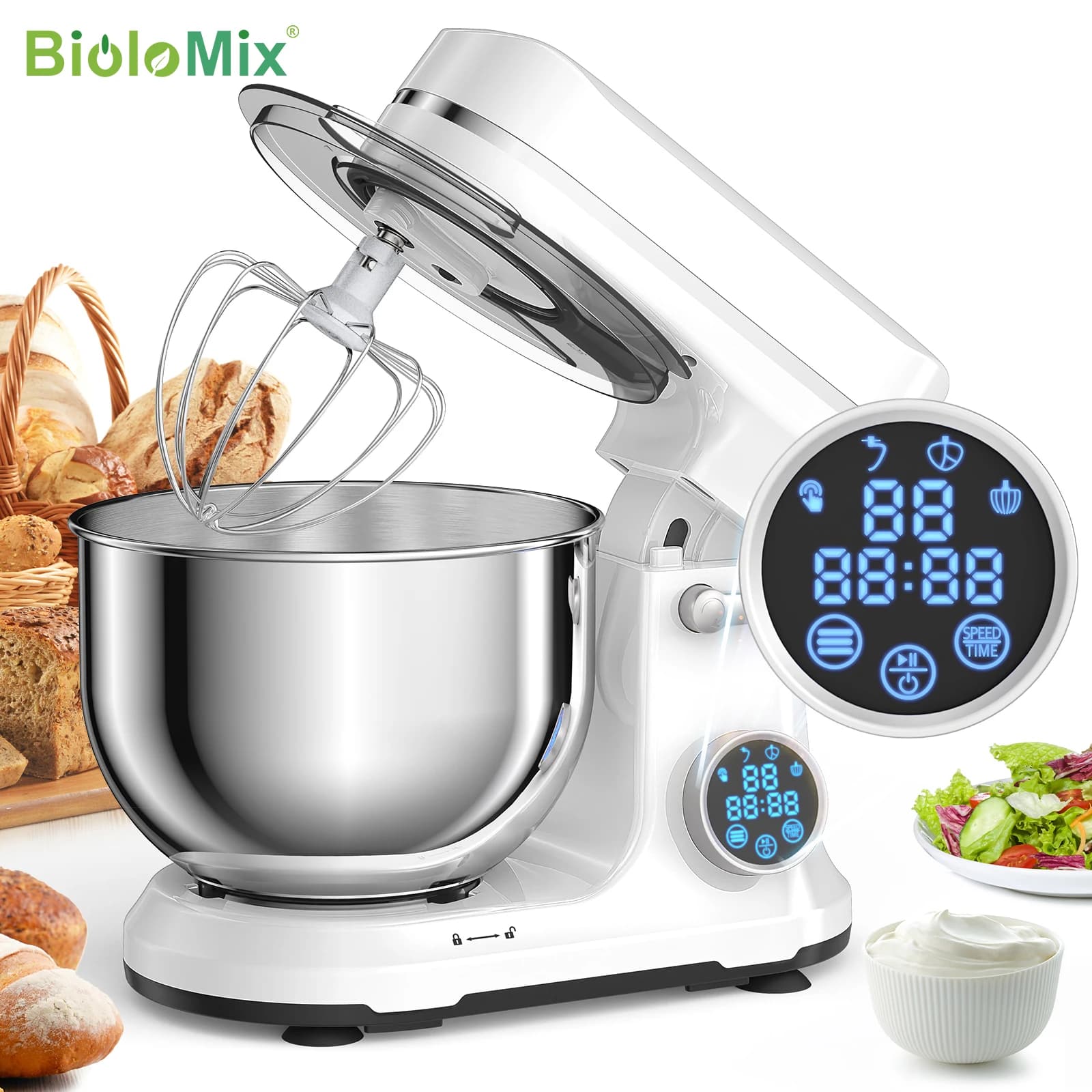 BioloMix keukenvoedselmixer, 1200 W 11 snelheden gelijkstroommotor, digitaal OLED-scherm, elektrische voedselmixer met deeghaak, garde