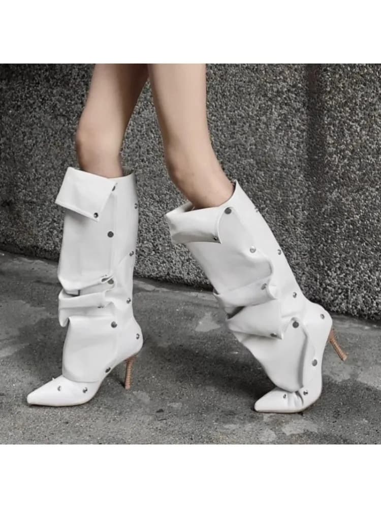 Damesmode Geplooide Designer Pu Waterdichte Hoge Laarzen Women2025 Herfst Nieuwe Sexy Puntige Slip-on Ridder Laarzen Vrouwen plus Size