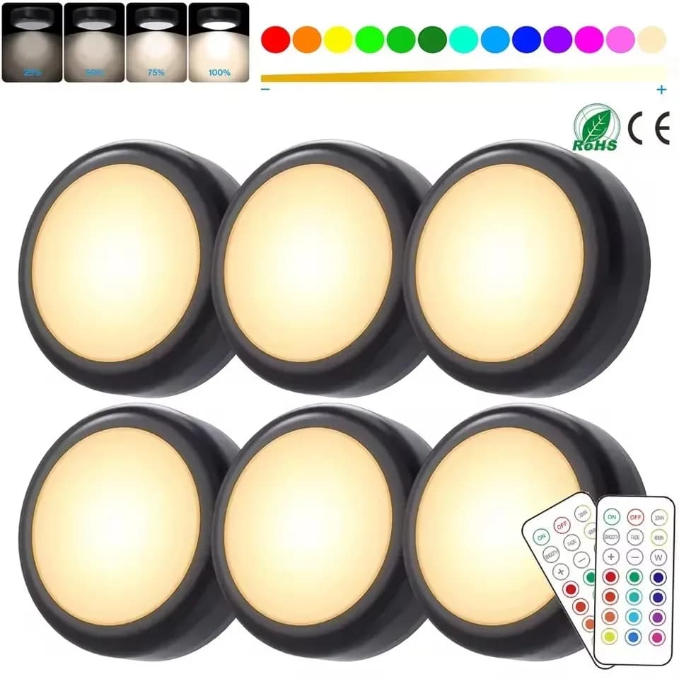 RGB LED Puck Nachtlampjes Afstandsbediening Dimbaar Onderkastverlichting Op batterijen Draadloze duwlamp Keukenkast