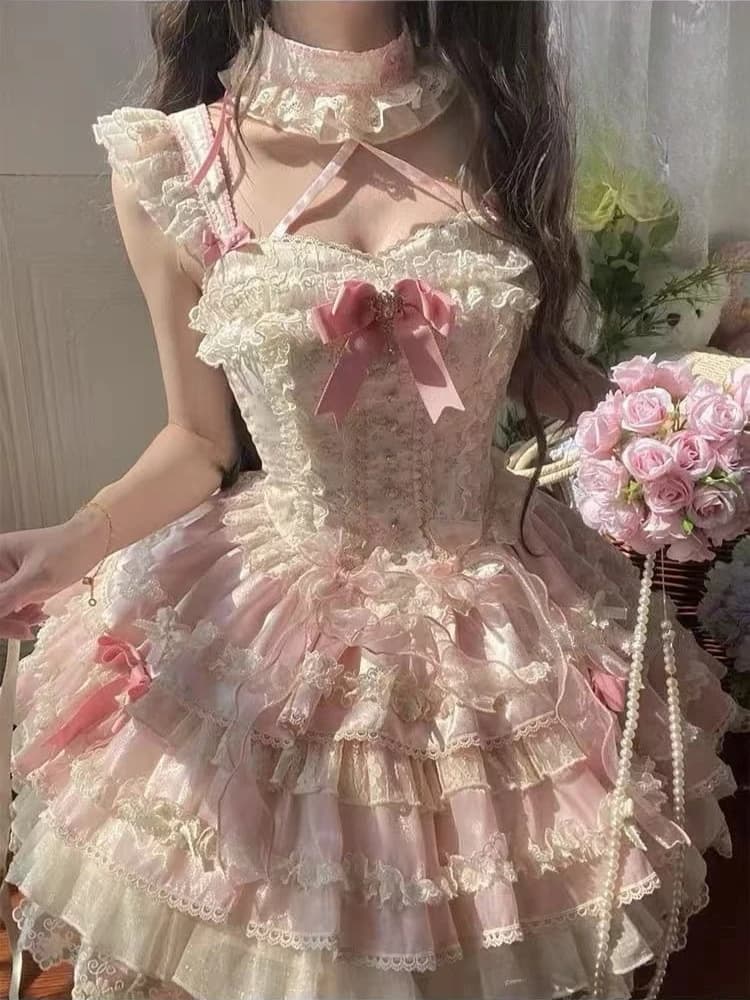 Party Y2k Harajuku Y2K Lolita Bandjurk Kant Patchwork Strik Decor Kawaii Party Gathering Zoete Meisje Outfit 2026 Zomer