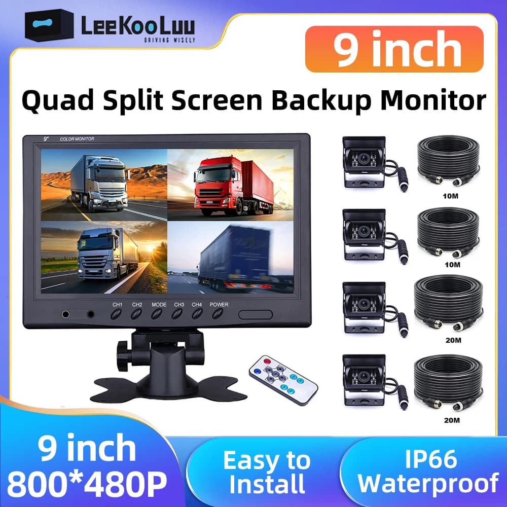LeeKooLuu 9 "Backup Camera Auto Monitor Vier Divisie Split Screen Nachtzicht 4ch Recorder Video Achteruitrijcamera voor Vrachtwagen Bus