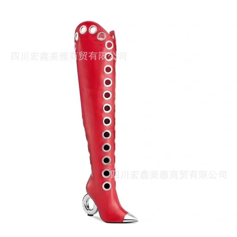 Vreemde stijl sexy lederen overknee hoge laarzen met ronde hak Dames zwart/rood bezaaide dijlaarzen luxe designer feestschoenen