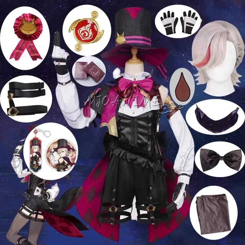 ❤ Genshin impact lyney cosplay kostuum pruik Fontaine lyney lederen uniform hoed jurk kort haar rok handschoen outfit staart magicia ★ ❤ ★