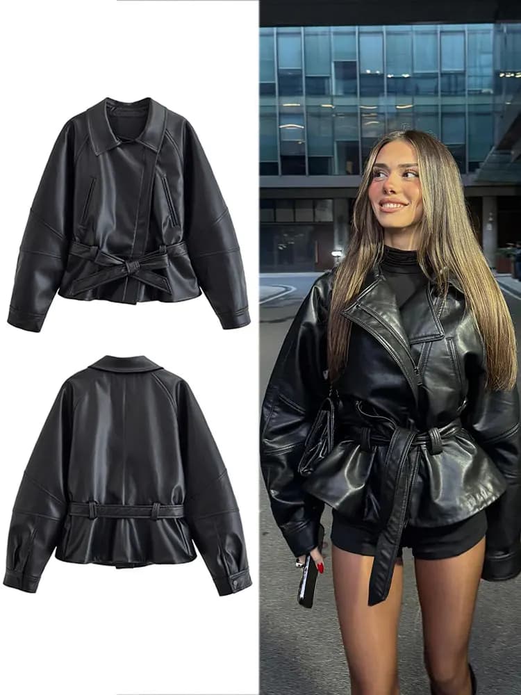 HH Damesmode Zwarte Korte Kunstleer Trenchcoat Lange Mouw Revers Jas Met Riem Vintage Dame Motorjas Uitloper