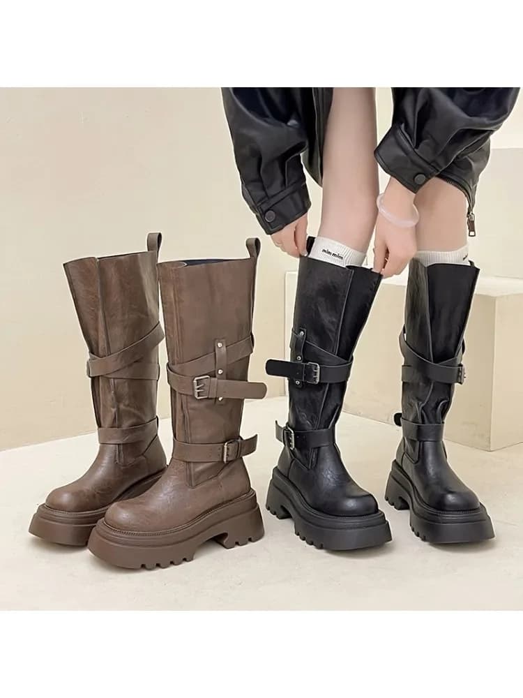 2025 Nieuwe Mode Platform Vrouw Ridder Hoge Laarzen Mode Riem Gesp Dikke Zool Schoenen Dames Slip op Moderne Lange Botas