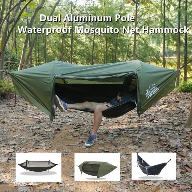 3-in-1 Tunnel Muskietennet Hangmat met Waterdichte Regenhoes - Boomtent voor Solo Kamperen, Lichtgewicht & Bescherming tegen Alle Weersomstandigheden