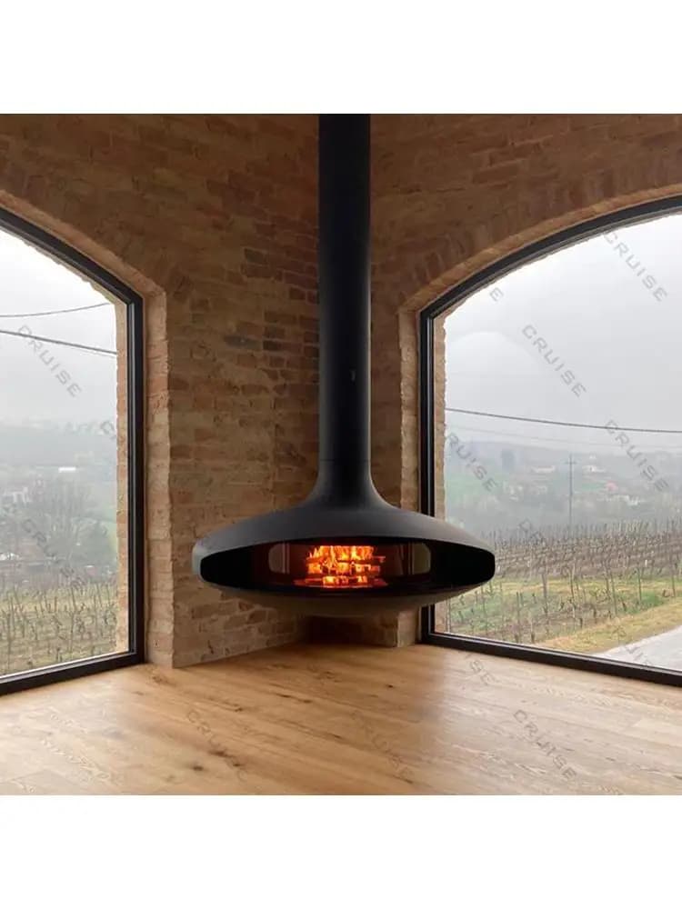 Stalen vlotter binnen ronde houtgestookte glazen deur roterende hangende haard voor binnenverwarming