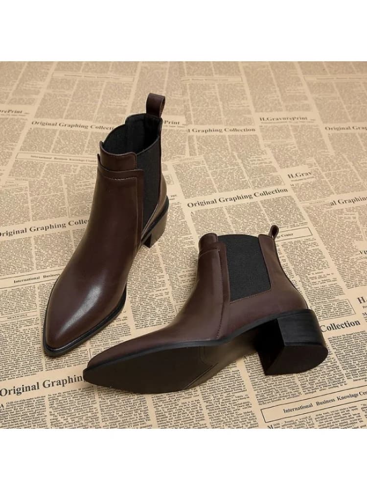 2022 Nieuwe Chelsea-laarzen voor dames voor herfst/winter - Enkellaarzen met puntige neus, leren pumps met middelhoge hak, Franse retro korte laarzen