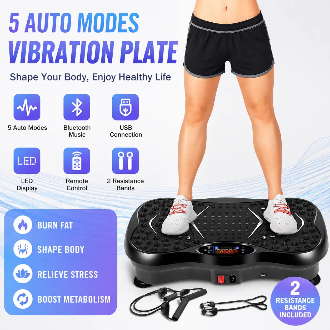 Trilplaat voor het hele lichaam, Bluetooth-speaker, 5 automatische modi, LED-display, weerstandsbanden voor thuisfitness training