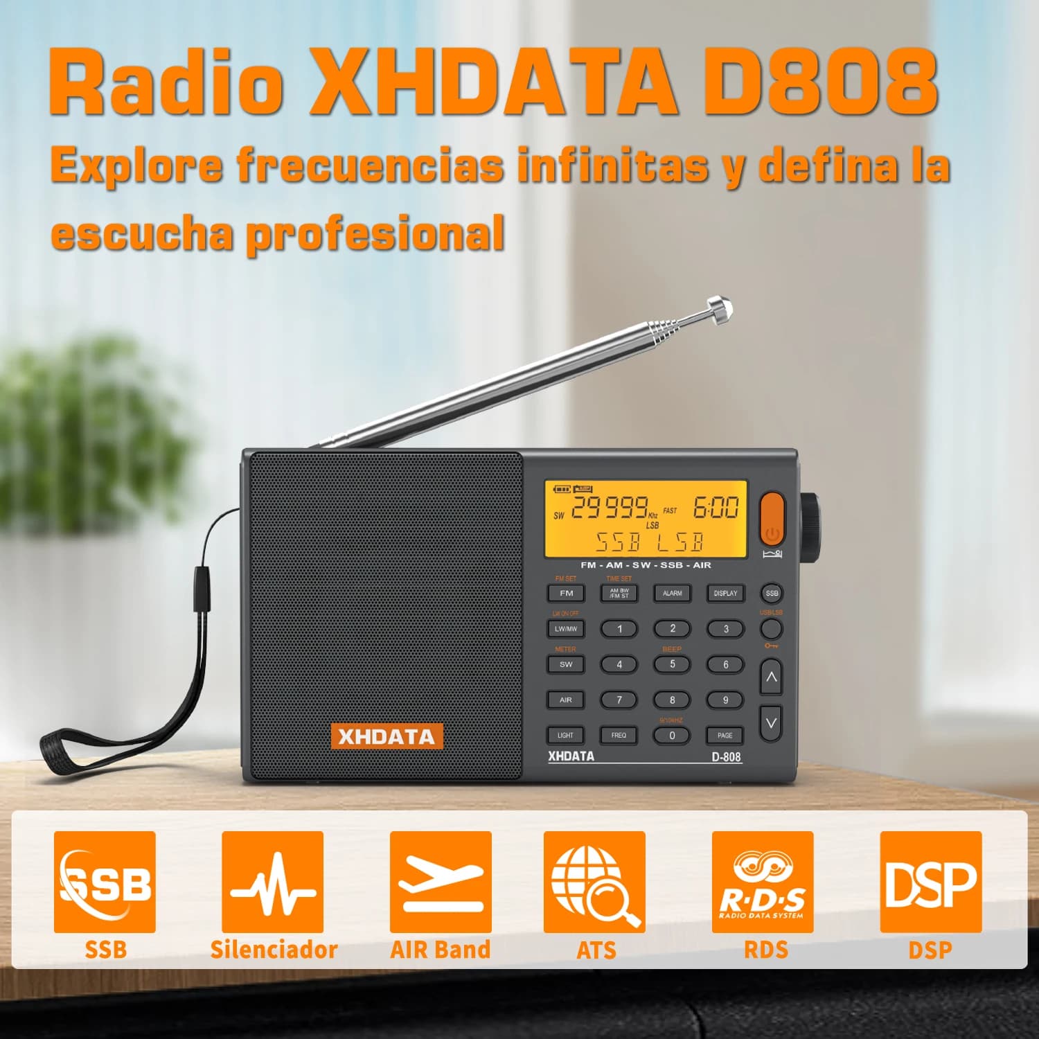 XHDATA D808 draagbare multiband radio-ontvanger AM/FM/SW/MW SSB AIR RDS stereogeluid lange afstand ontvangst oplaadbare batterij