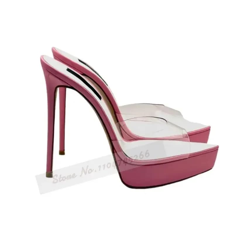 Roze Wit Platform Puntschoen Hoge Hak Muiltjes Doorzichtig PVC Instapper Moderne Jurk Slippers Lakleer Stiletto Banketpompen