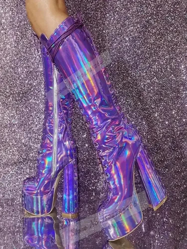 Paarse hologram iriserende dikke hak kniehoge laarzen Glanzend lakleer Reflecterend platform Hoge laarzen Kruisgebonden veterschoenen