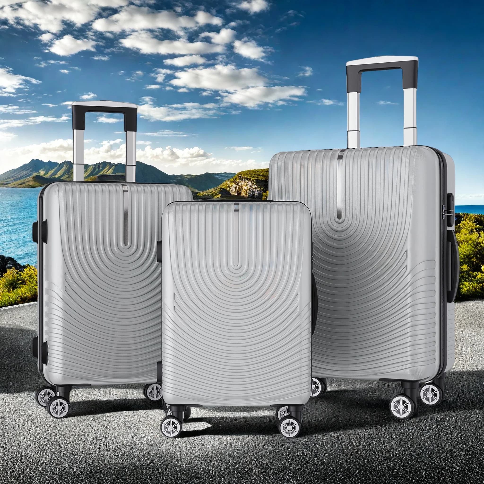 Roshanda 3-delige set basis hard-shell trolleykoffers, ABS reiskoffers op 4 wielen met weegschaal, slot en telescopische handgreep