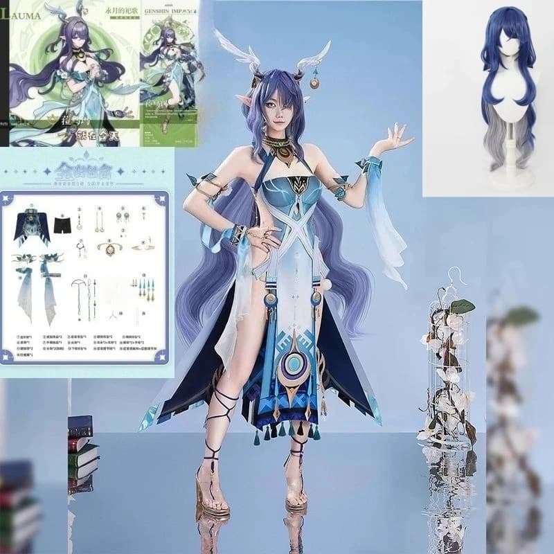 Lauma Cosplay Kostuum Genshin Impact Lauma Pruik Jurk Frostmoon Scions Hoofddeksels Halloween Party Rollenspel Kostuums en Pruik