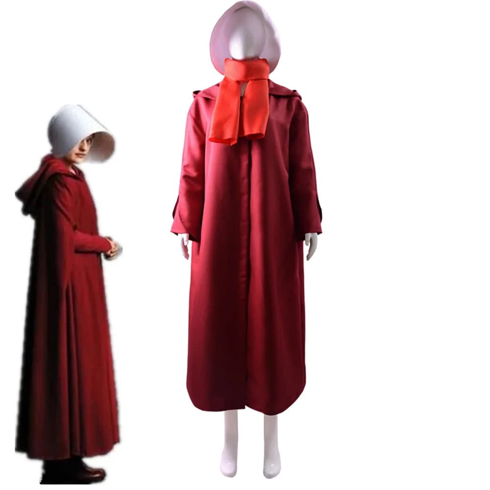 Rode manteljurk The Handmaid's Tale Cosplay-kostuum Dienstmaagd Offrod Vrouw Sjaal Witte hoed Set Halloween-feestaccessoires