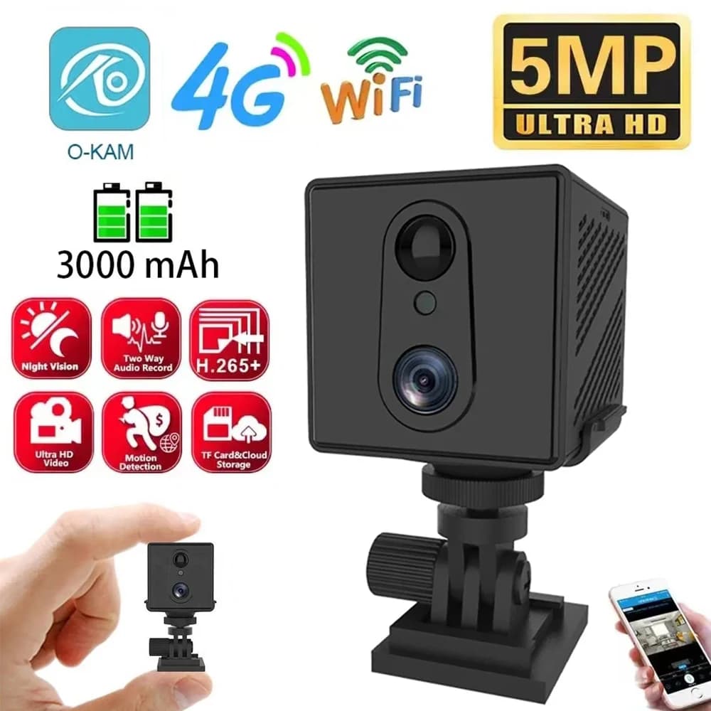 5MP 4G Sim-kaart Mini Camera Binnen Nachtzicht Surveillance Beveiligingsmonitoring Oplaadbare 3000 mAh Batterij Aangedreven Thuis Cam