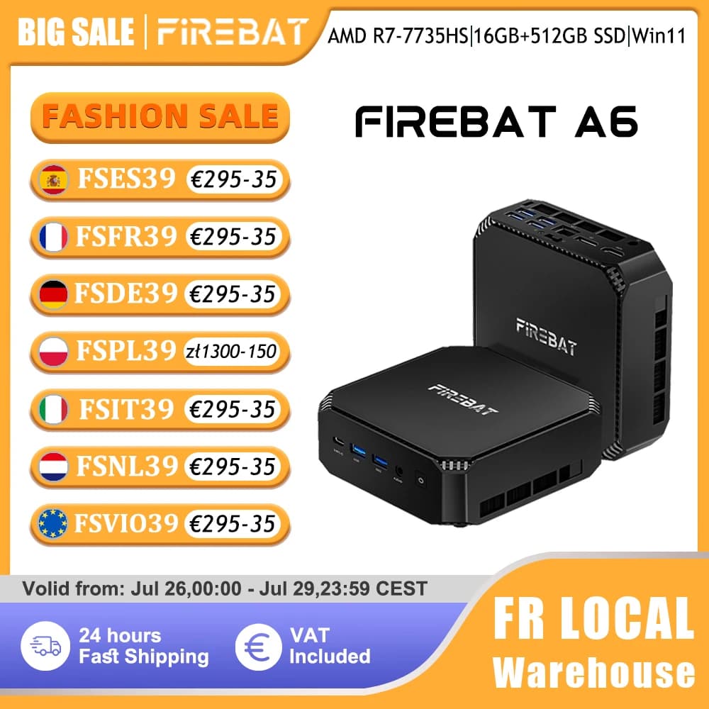 FIREBAT A6 Mini PC AMD Ryzen 7 7735HS 16GB LPDDR5 512GB SSD Radeon 680M Windows11 Pro WiFi6 2.5G Triple Display Gaming-pc