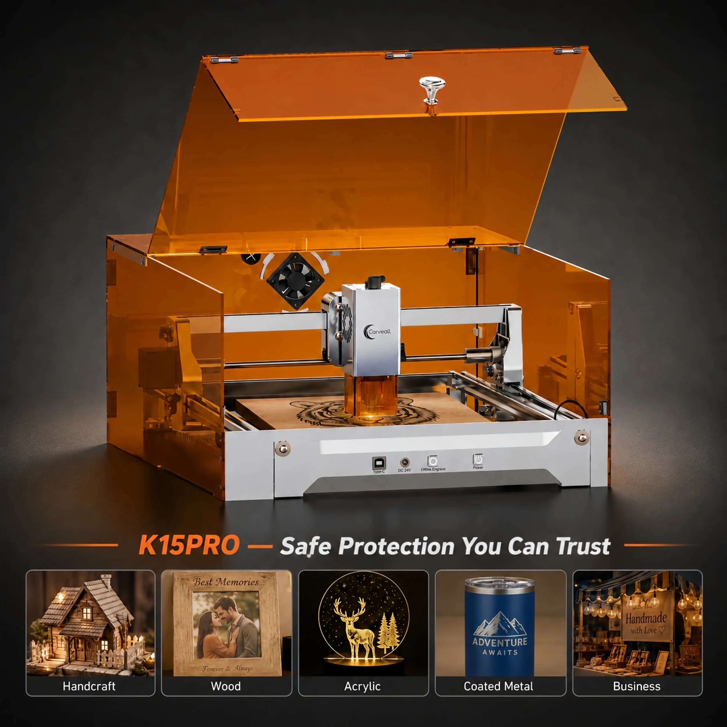 Carverall K15Pro Ingesloten Lasergraveer- en snijmachine 1W IR 7W 12W Diode Lasergraveermachine voor metaal, hout, leer, acryl en ambachten