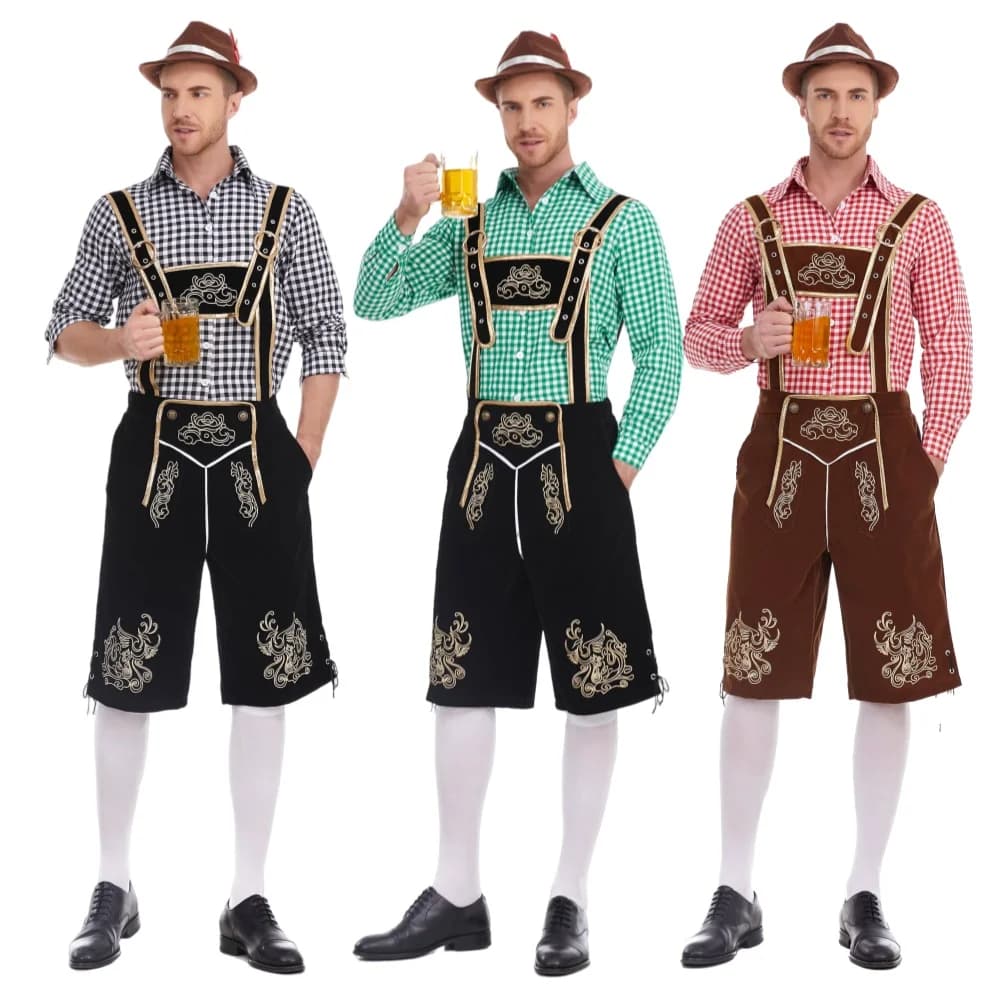 Driedelige Set Oktoberfest Lederhosen Kostuum voor Mannen Beierse Duitse Bierfestivals Bretels Shirt Hoed Mannelijke Cosplay Kostuums