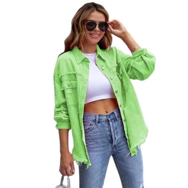 2025 Lente Herfst Shirt Stijl Denim Jas Vrouwen Gaten Ruwe randen Jeancoat Casual Tops Vrouwelijke Oversize Losse Bovenkleding 7 Kleuren