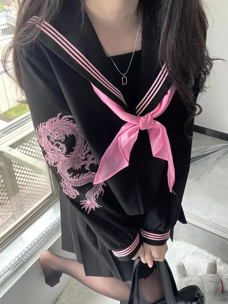 Japanse School Sailor Outfit JK Uniform Roze Dragon Sailor Jurk Geruite Rok Sets Seifuku Meisjesuniform Student Schoolkleding