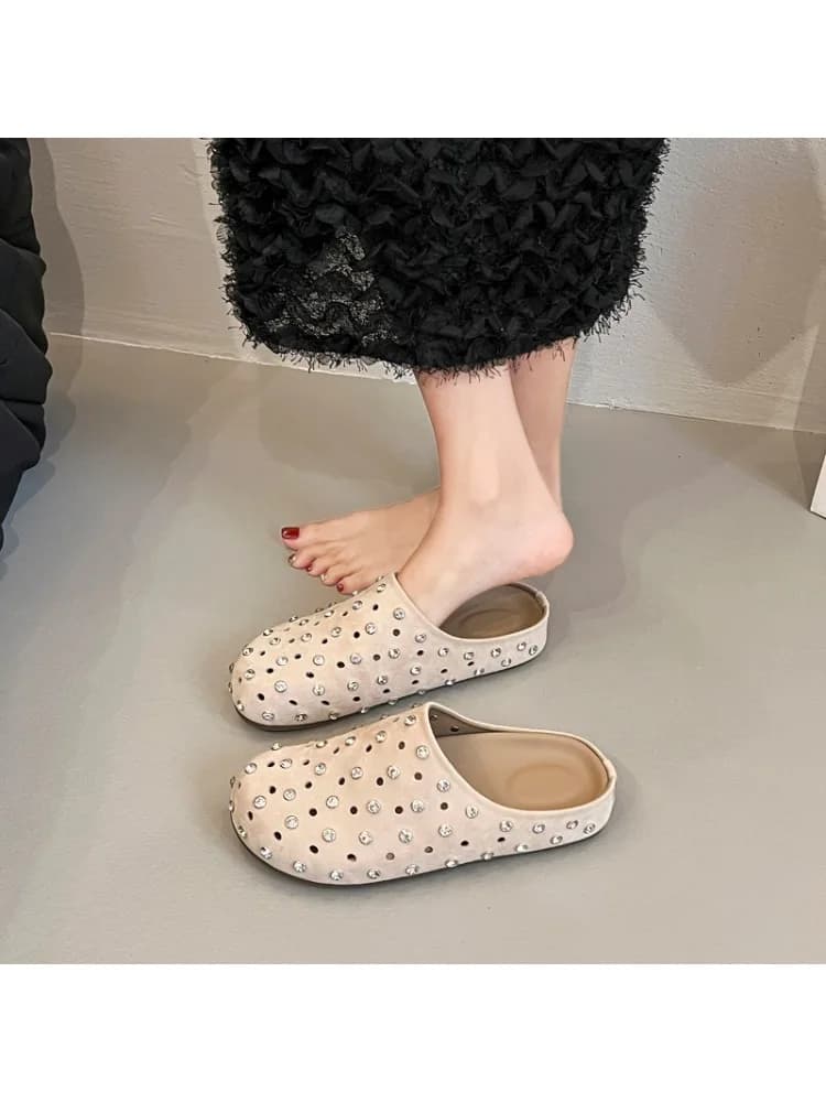 Zomer nieuwe ronde kop ondiepe mond kristal klinknagel suède pantoffels Bao hoofd antislip slijtvaste platte schoenen