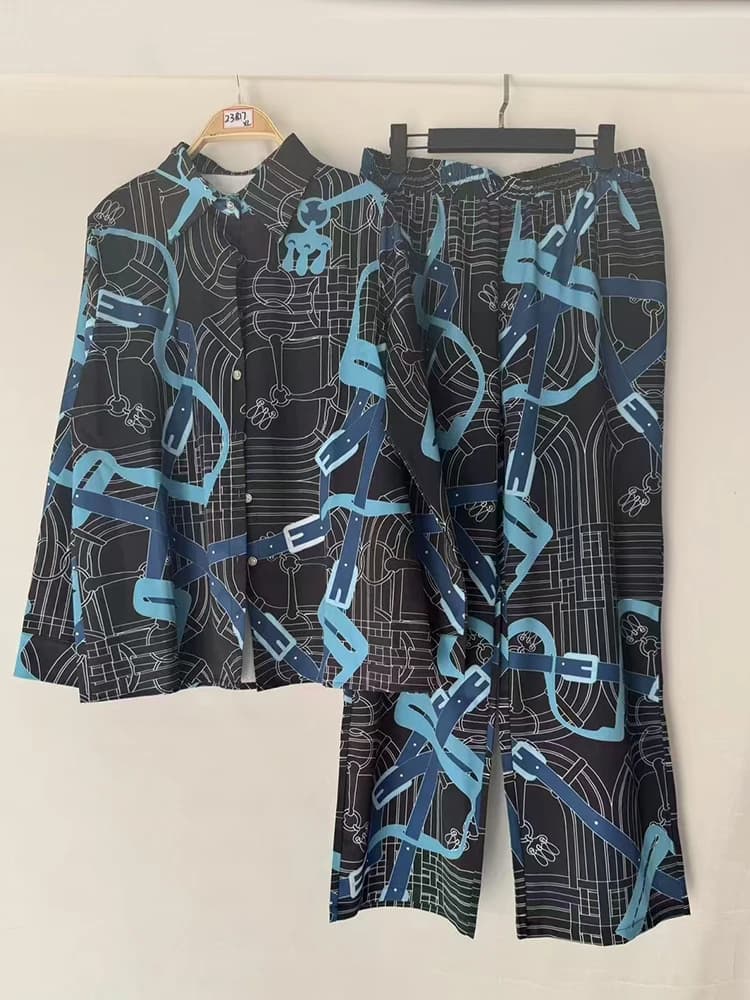 Designer retro geometrisch print revers overhemd tweedelig set lente dameskleding + wijde broek met wijde pijpen modieus pak