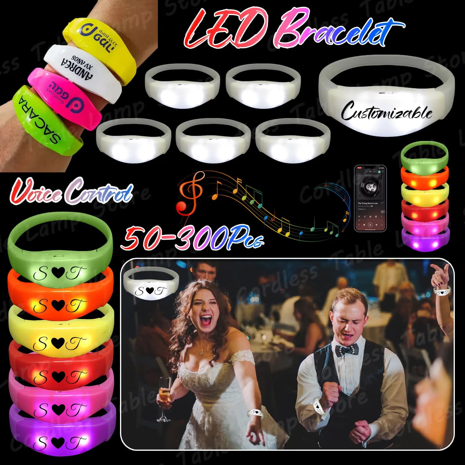 50-300 Stuks Muziek & Geluid Geactiveerde Light UP Armbanden Aanpassen Led Armband Glow in The Dark Party voor bruiloft Concertbenodigdheden