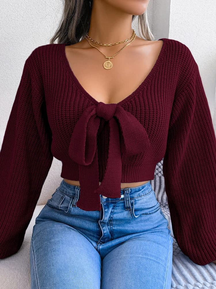 Y2K Backless Strikje Trui Dames Koude Schouder Bladerdeeg Mouw Trui Knoop Voorkant Effen Herfst Winter