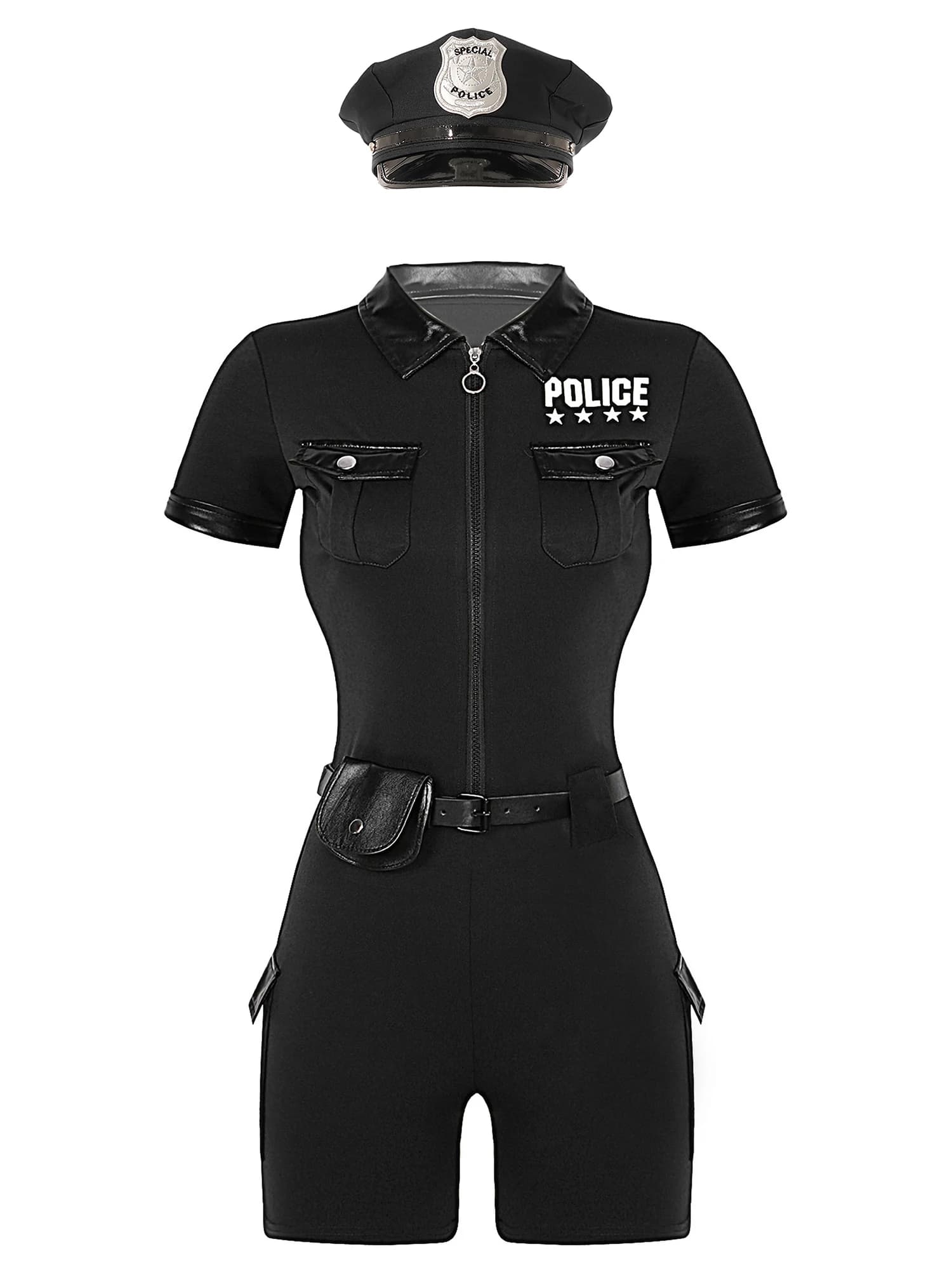 Vrouwen Politie Cop Kostuum Politieagentes Halloween Cosplay Pak Politieagent Uniform Korte Mouw Jumpsuit met Riem Portemonnee Hoed