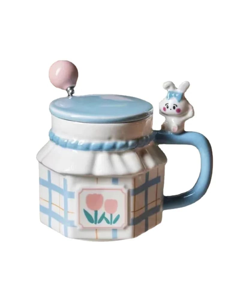 Groothandel 3D Konijn Relief Mok Met Lepel Cover Keramiek & Aardewerk Koffiekopje Sets Keramische Kopjes Thermo Koffie carry Mokken