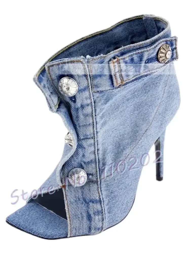 Open Teen Denim Enkellaarzen Dames Stijlvolle Voorste Knopen Hoge Hakken Schoenen Vierkante Neus Party Vrouwen Gesp Riem Cool Cowboy Laarzen