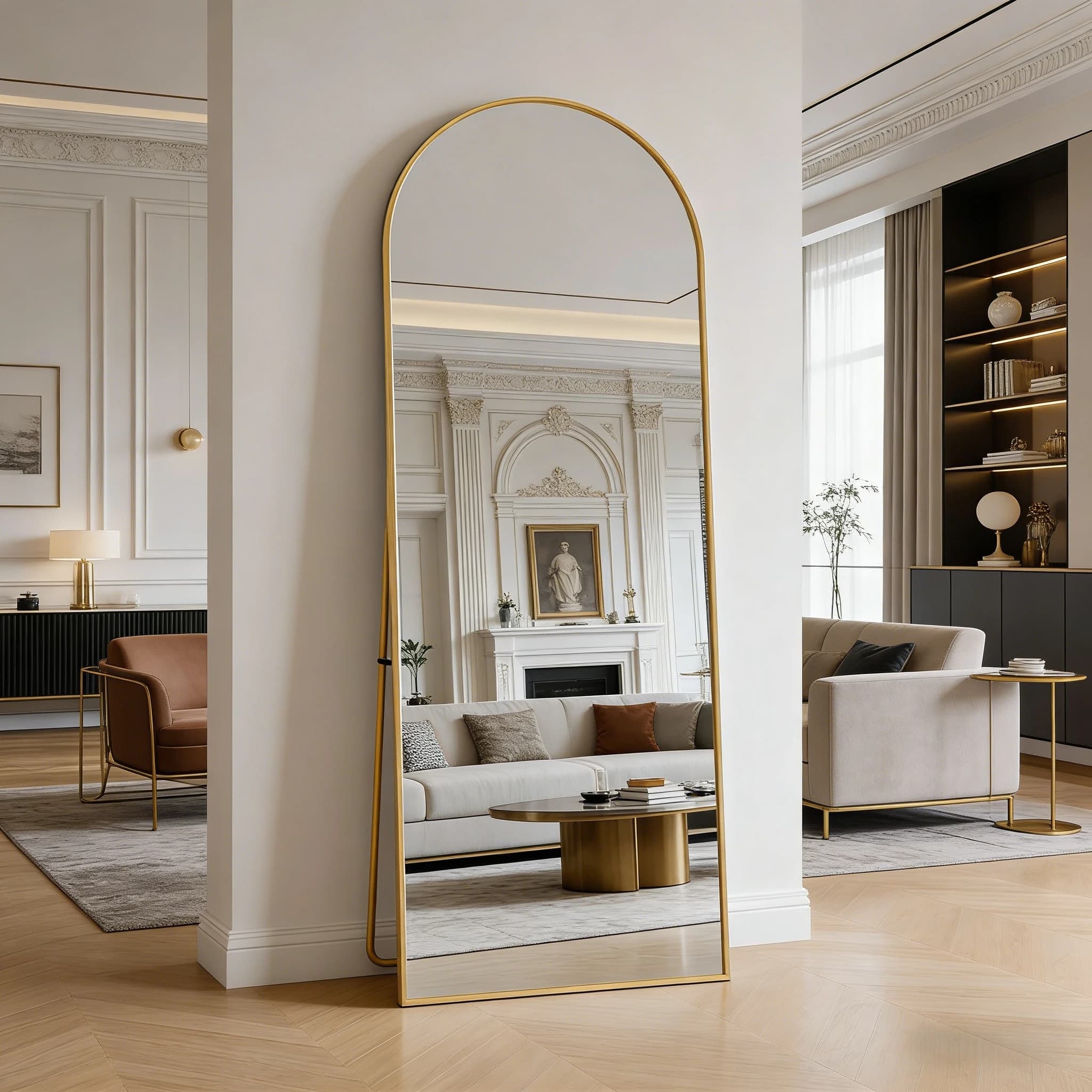 Anajqaqia Volledige spiegel van gehard glas, gebogen aluminium frame, 162x53cm, verstelbare standaard, goud/zwart