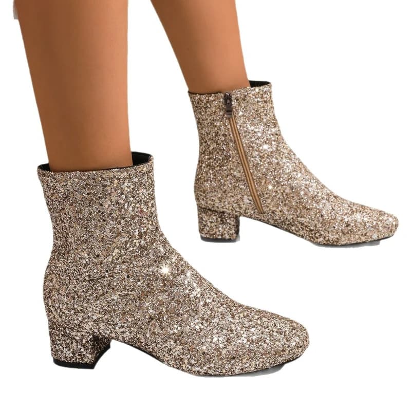 Mode Dameslaarzen Bling Pailletten Damesfeestschoen Luxe Comfortabele tussenzoollaarzen Pailletten Ronde neus Dikke hakken Enkellaarsjes